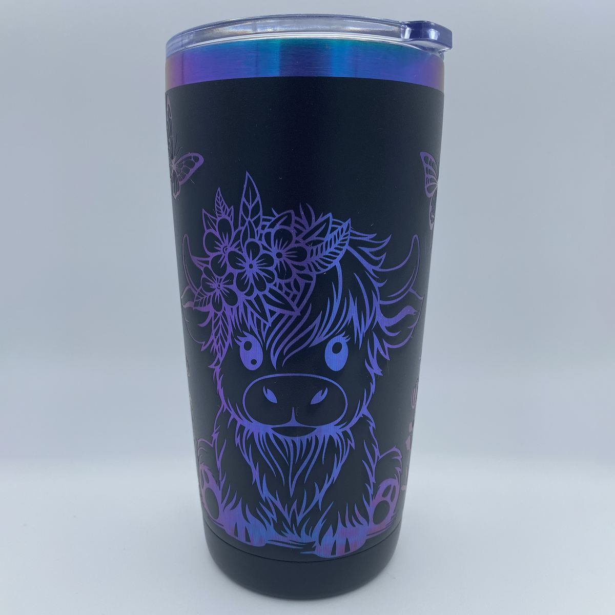 Highland Cow with Floral and Butterflies Motif Engraved Tumbler
