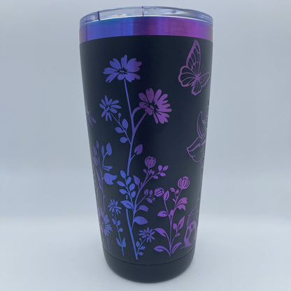 Highland Cow with Floral and Butterflies Motif Engraved Tumbler