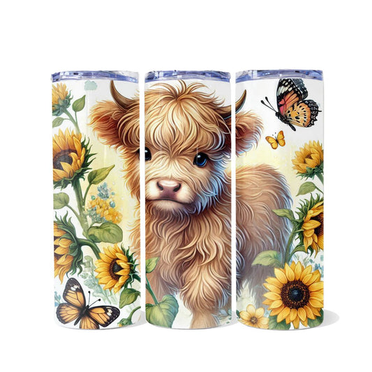 Highland Cow with Sunflowers Dual Opening Skinny Tumbler