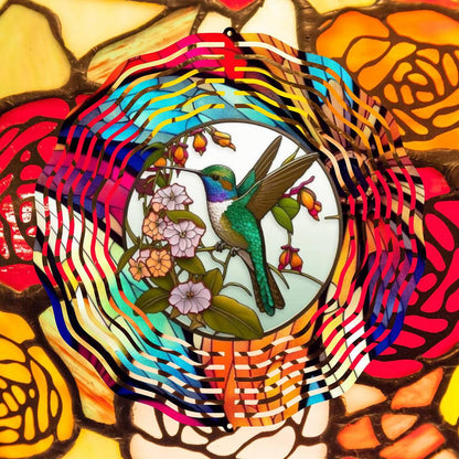 Hummingbird Perched Amongst Flowers on a Wind Spinner - wind spinner