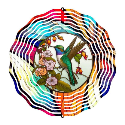 Hummingbird Perched Amongst Flowers on a Wind Spinner - wind spinner