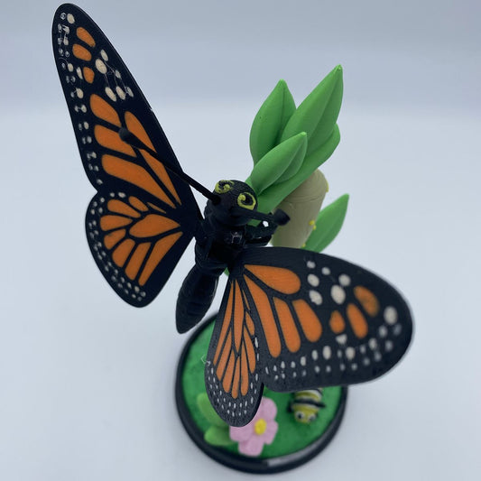 Monarch Butterfly Life Cycle Display with articulated caterpillar, chrysalis, and poseable butterfly