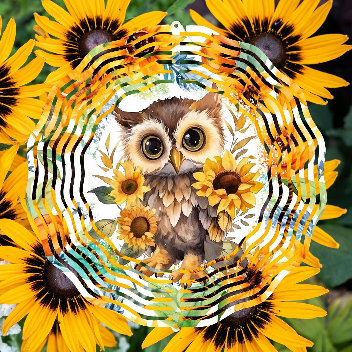 Cute Baby Owl Amongst several Sunflowers with 3 design choices Wind Spinner - Kimmie's Creations L.L.C.