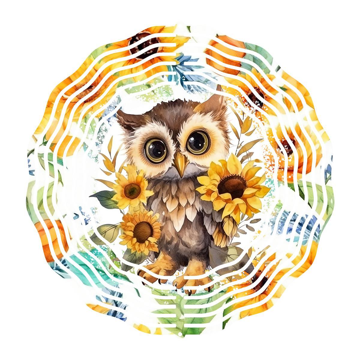 Cute Baby Owl Amongst several Sunflowers with 3 design choices Wind Spinner - Kimmie's Creations L.L.C.