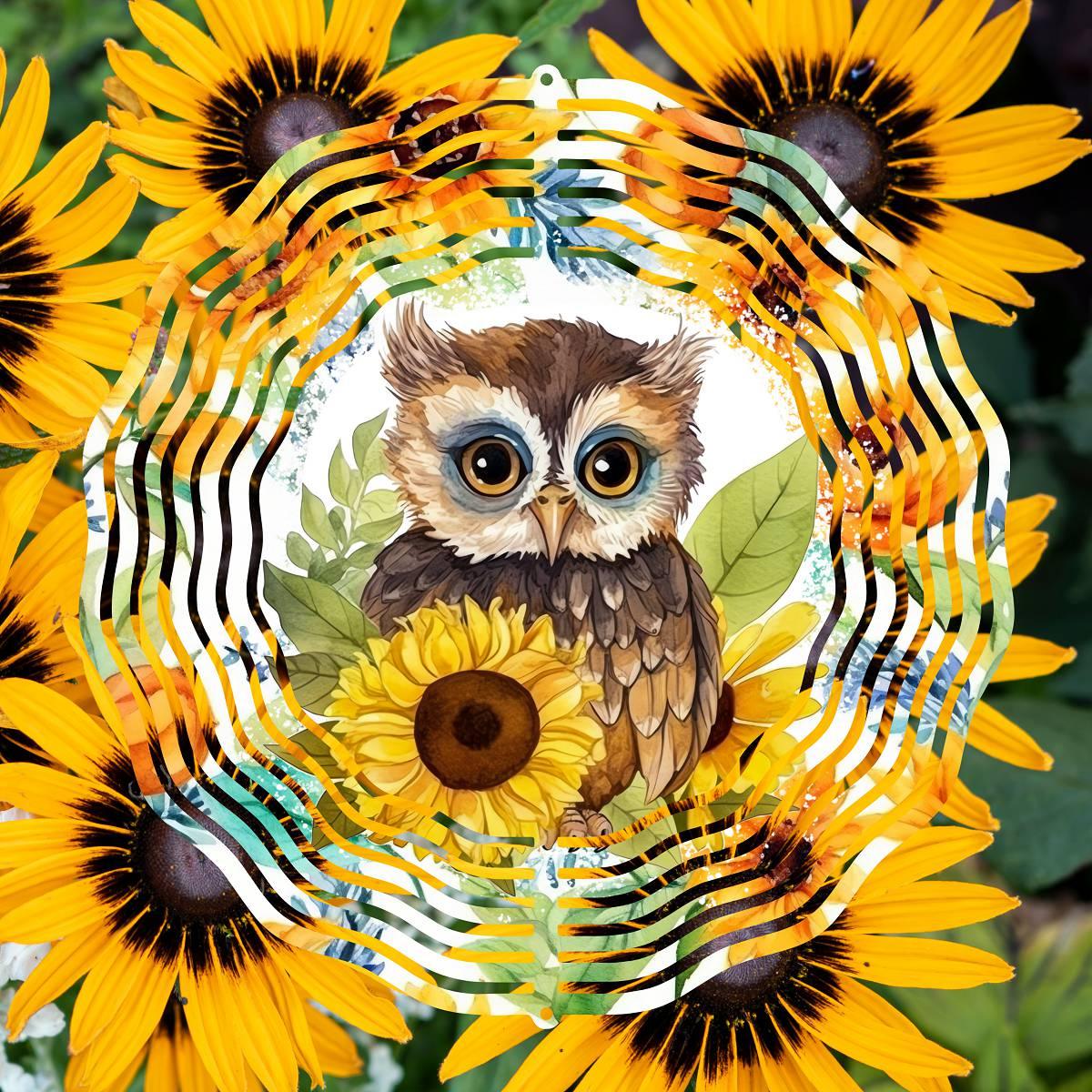 Cute Baby Owl Amongst several Sunflowers with 3 design choices Wind Spinner - Kimmie's Creations L.L.C.