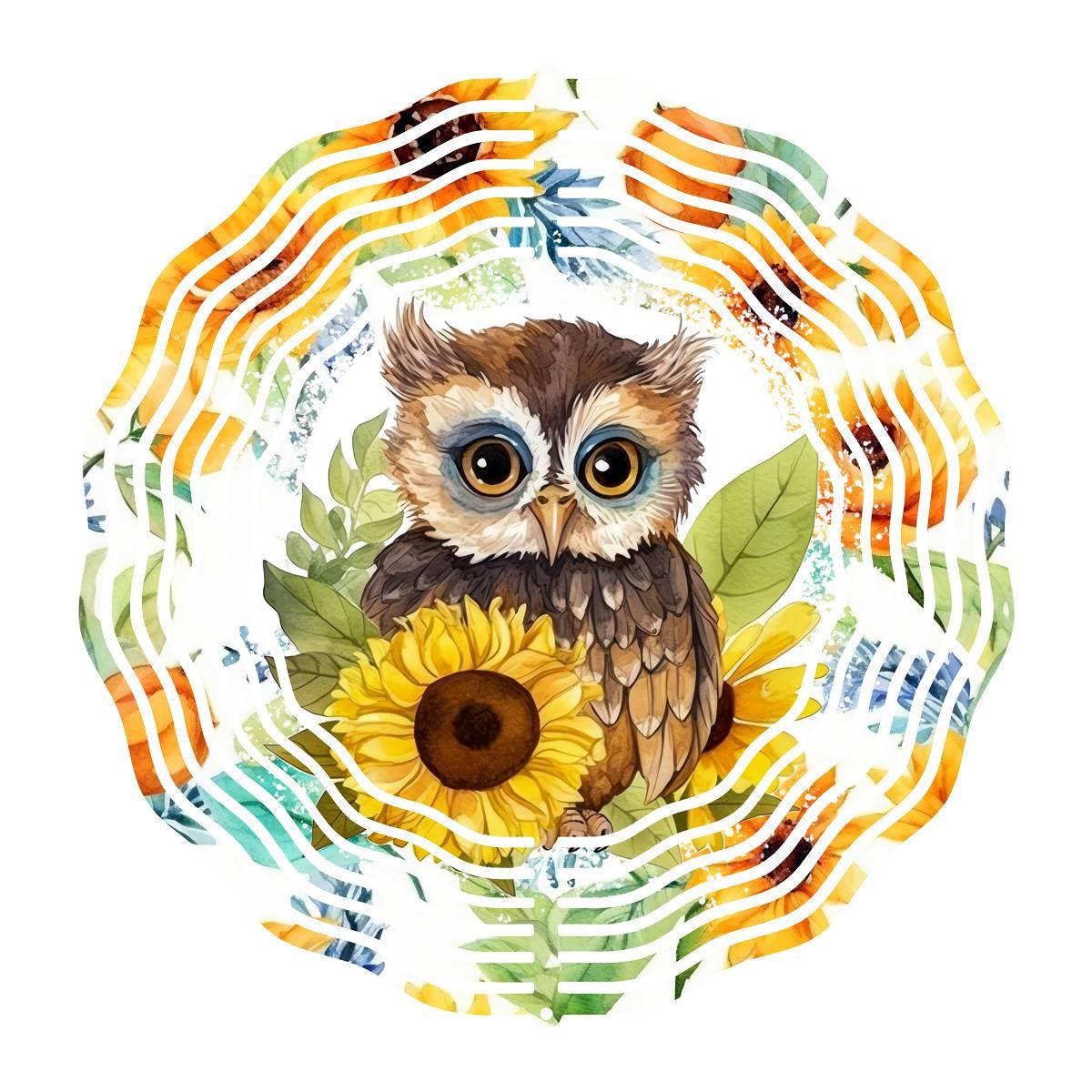 Cute Baby Owl Amongst several Sunflowers with 3 design choices Wind Spinner - Kimmie's Creations L.L.C.