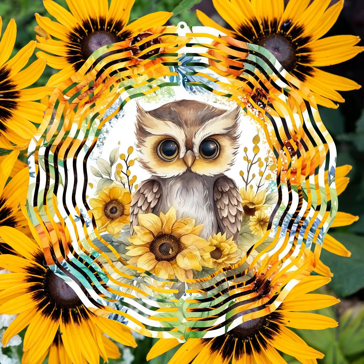 Cute Baby Owl Amongst several Sunflowers with 3 design choices Wind Spinner - Kimmie's Creations L.L.C.