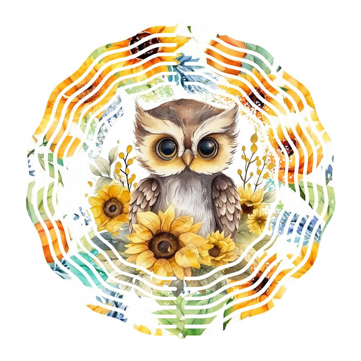 Cute Baby Owl Amongst several Sunflowers with 3 design choices Wind Spinner - Kimmie's Creations L.L.C.