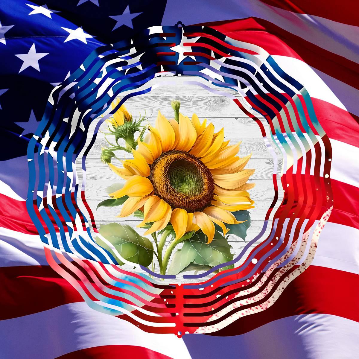 A Sunflower Wind Spinner with a Patriotic Border and 4 design choices - Kimmie's Creations L.L.C.