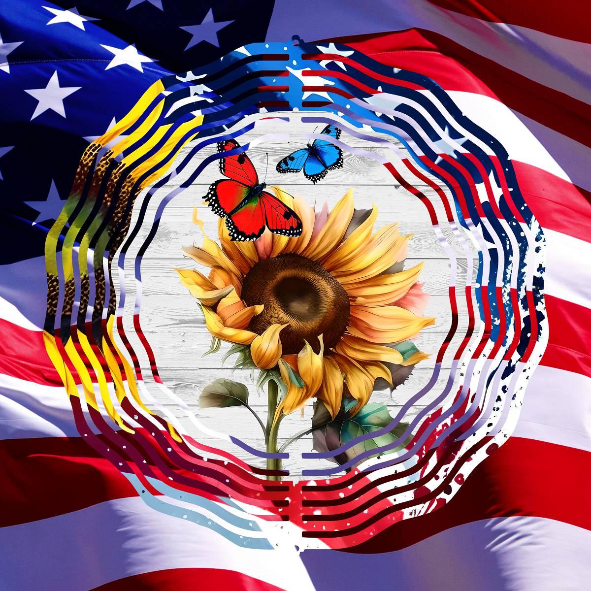 A Sunflower Wind Spinner with a Patriotic Border and 4 design choices - Kimmie's Creations L.L.C.