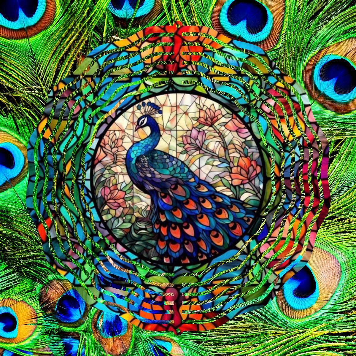 Artistic Peacock in Stained-glass design on a Wind Spinner - Kimmie's Creations L.L.C.