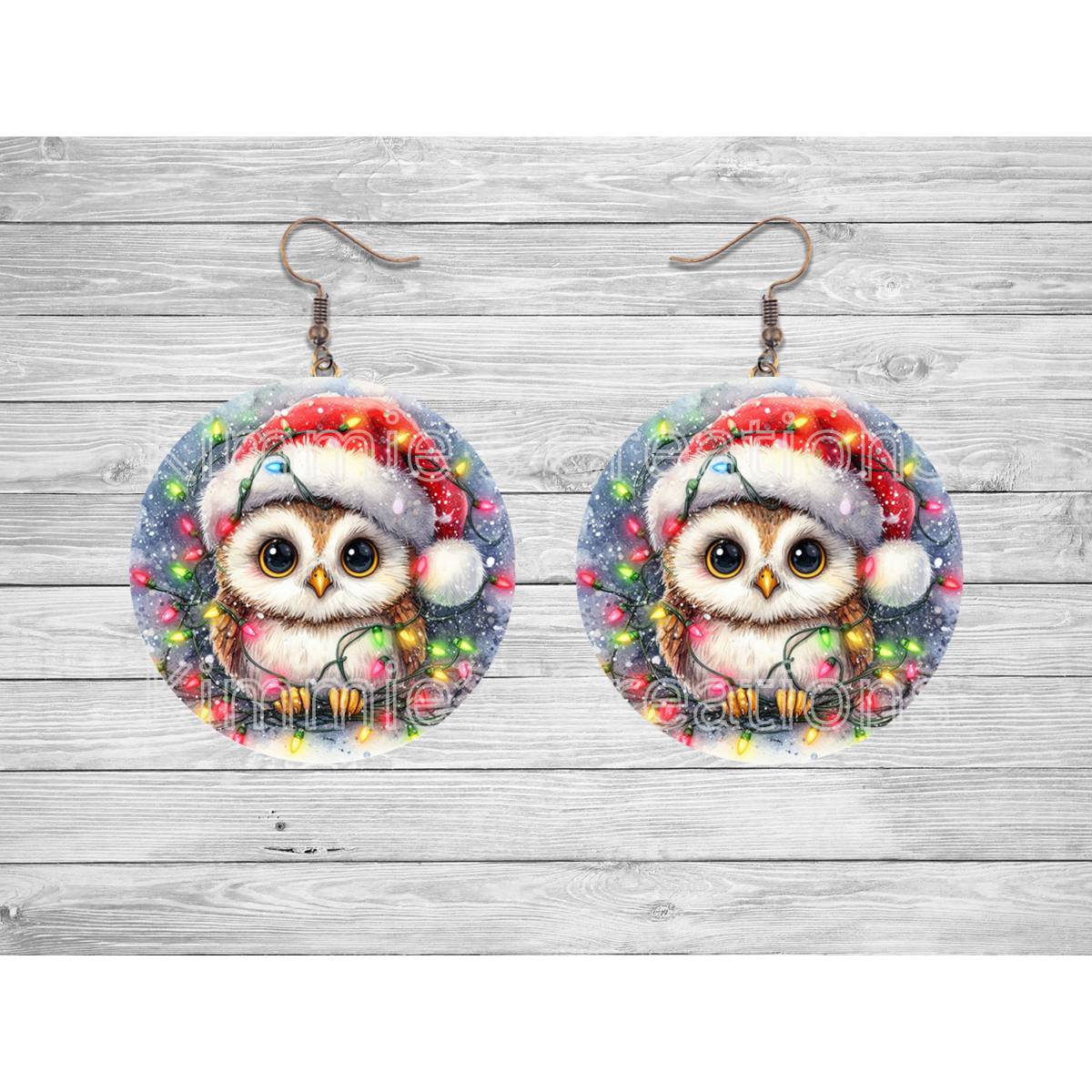 Christmas Owl Entangled in String of Lights Round Earrings