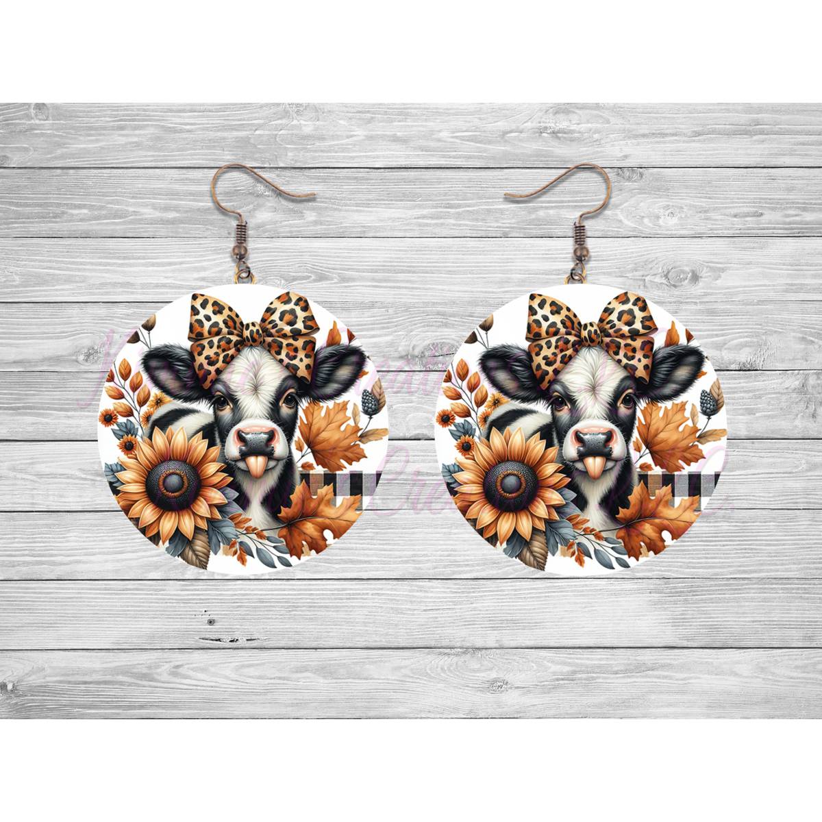 Fall Cow with Leaves & Flowers Round Earrings