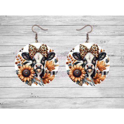 Fall Cow with Leaves & Flowers Round Earrings - jewelry