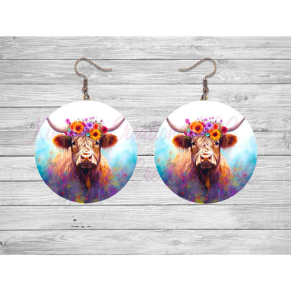 Floral Highland Cow Round Earrings - jewelry