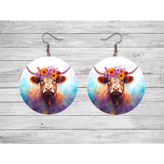 Floral Highland Cow Round Earrings