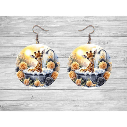 Giraffe in a Shower Tub Round Earrings - jewelry
