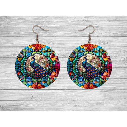 Peacock in Stained Glass Round Earrings - Kimmie's Creations L.L.C.