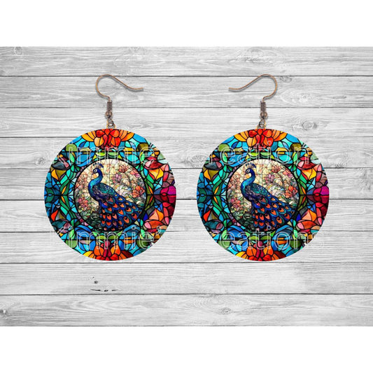 Peacock in Stained Glass Round Earrings