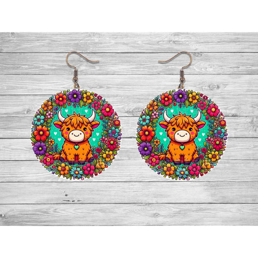 Highland Cow with a Floral Border Round Earrings