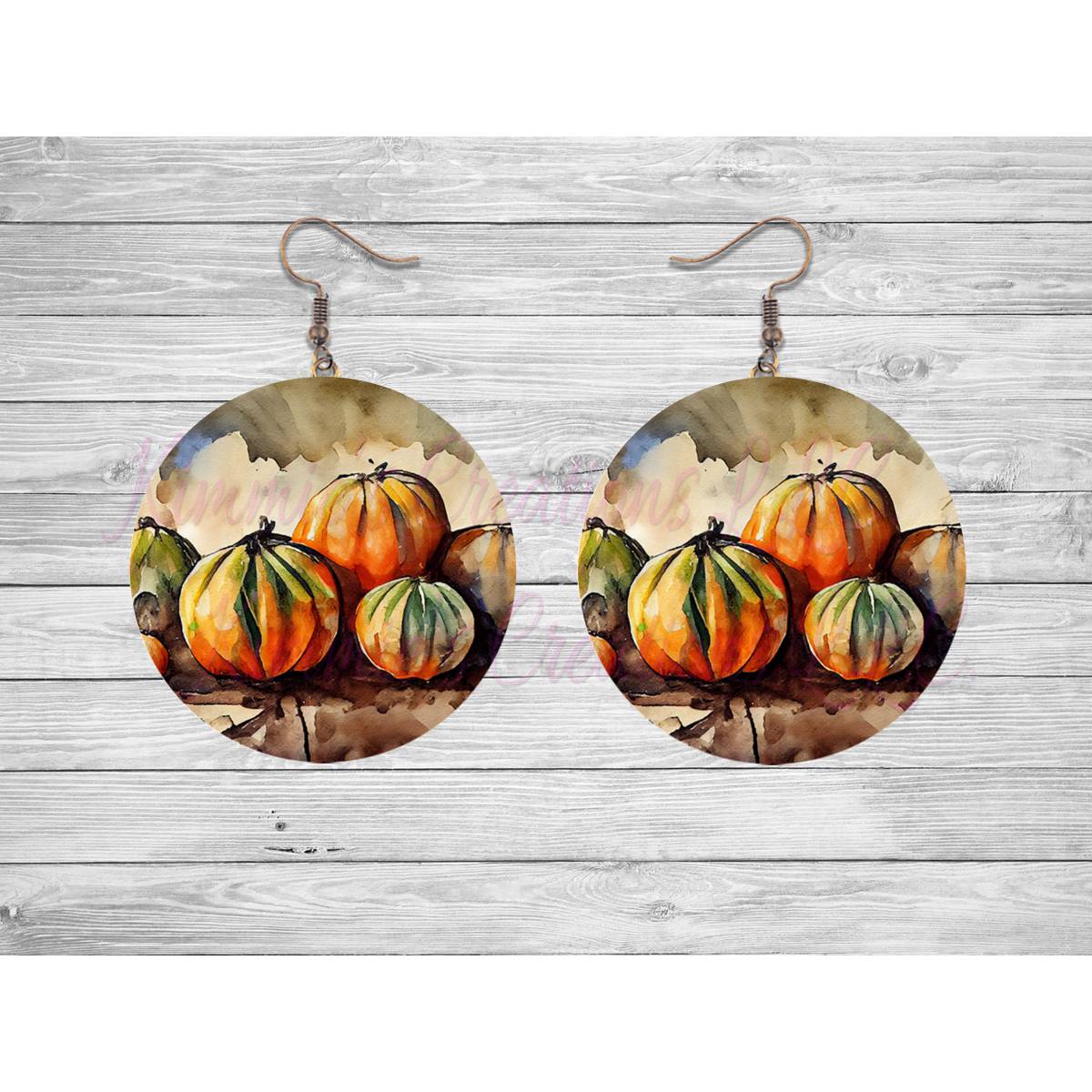 Autumn Leaves and Pumpkins Round Earrings