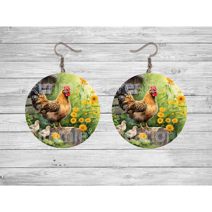 Hen with her Chicks Round Earrings - jewelry