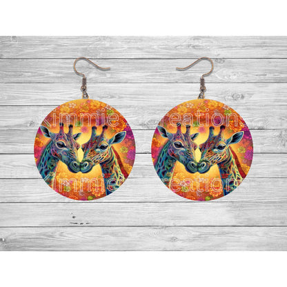 Two Nuzzling Giraffes Round Earrings - jewelry