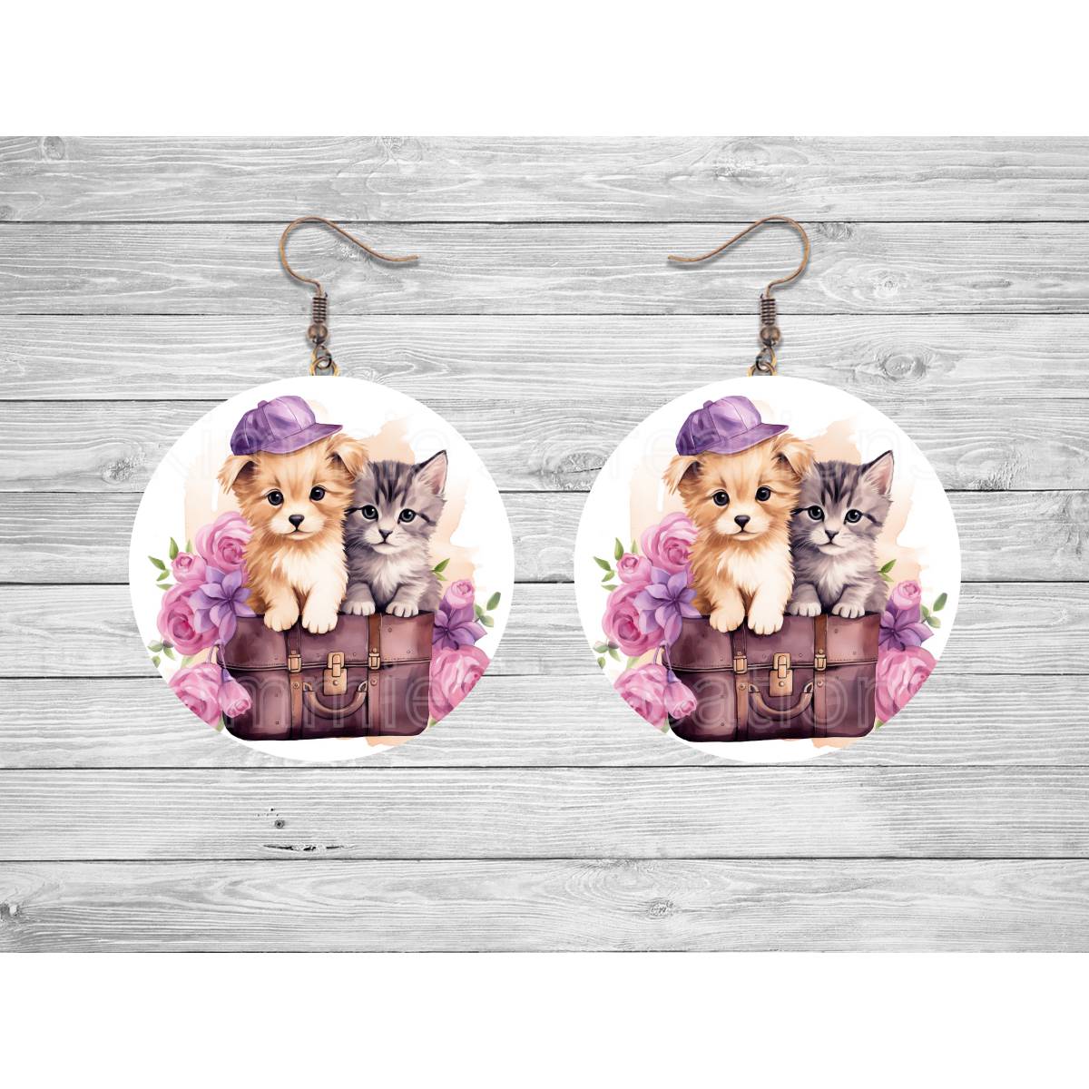 Kitty & Puppy in a Satchel Round Earrings - Kimmie's Creations L.L.C.