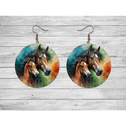 Two Horses on a Watercolor Background Round Earrings - jewelry