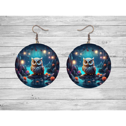 Owl Perched on a Rock artistic Round Earrings - jewelry
