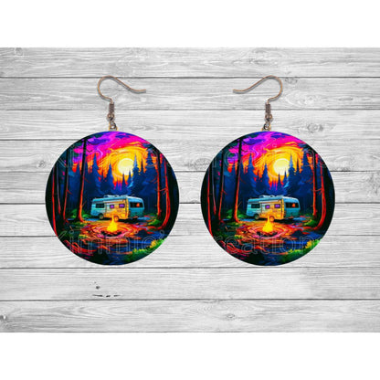 Forest Camping by the Campfire Round Earrings - jewelry