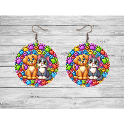 Cat & Dog in a Colorful Paws Border Round Earrings - jewelry