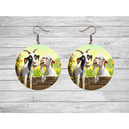 Goat-cha! Funny Goats on a Fence Round Earrings - jewelry