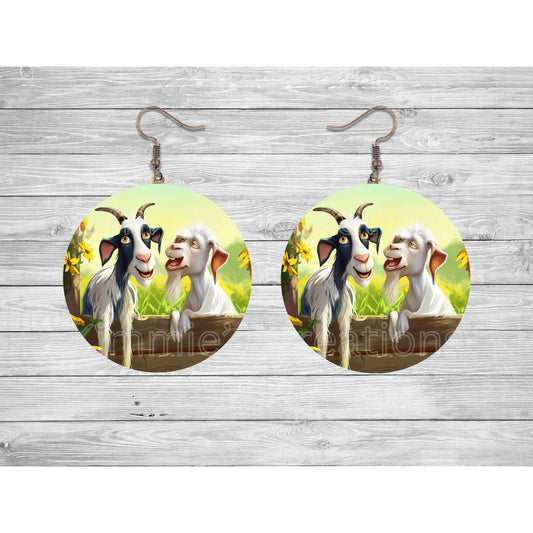 Goat-cha! Funny Goats on a Fence Round Earrings - Kimmie's Creations L.L.C.