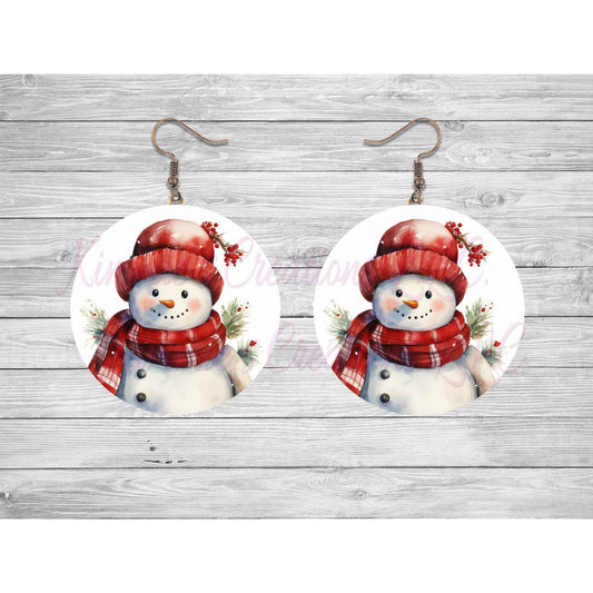 Snowman in Festive Red Round Earrings - Kimmie's Creations L.L.C.