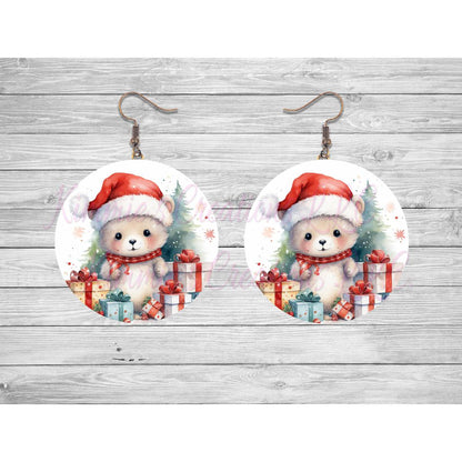 Christmas Critter in a Santa Hat Round Earrings - 01 - jewelry