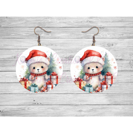 Christmas Critter in a Santa Hat Round Earrings - Kimmie's Creations L.L.C.