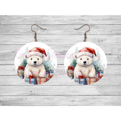 Teddy Bear in Santa Hat Round Earrings - jewelry