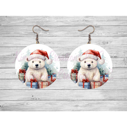 Teddy Bear in Santa Hat Round Earrings - Kimmie's Creations L.L.C.