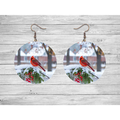 Winter Cardinal Round Earrings - 01 - jewelry