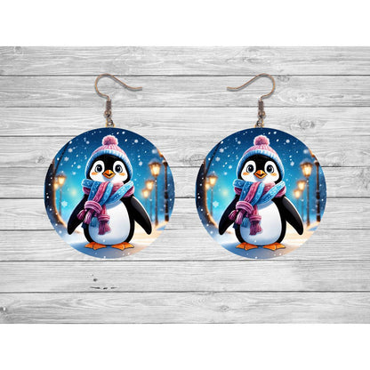 Winter Penguin Round Earrings - 01 - jewelry