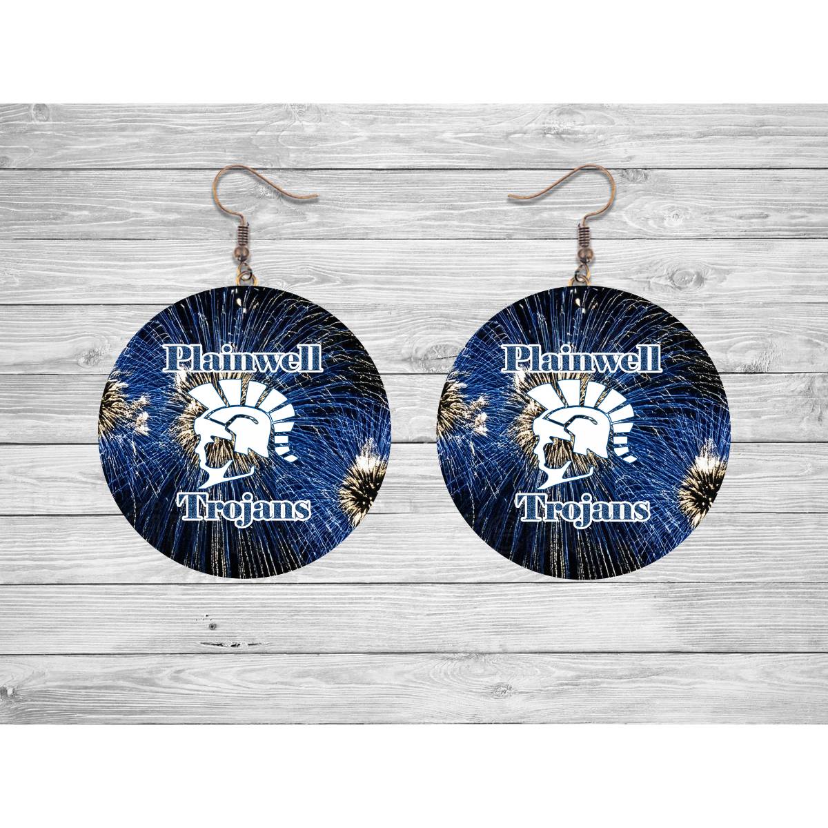 Plainwell Trojans Round Earrings - Kimmie's Creations L.L.C.