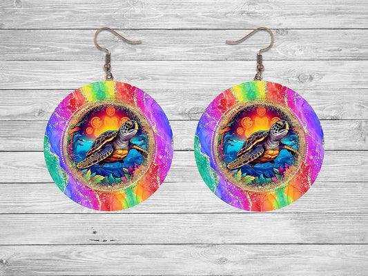 Colorful Sea Turtle Round Earrings