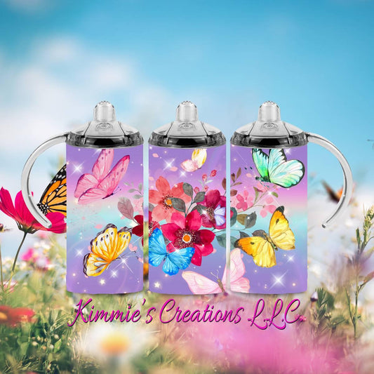 Butterflies in Watercolor with Flowers - a 12 oz Sippy Cup - sippy cup