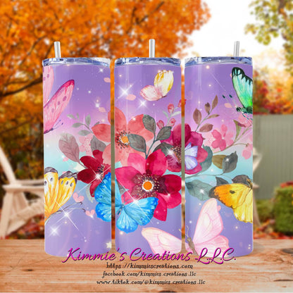 Butterflies in Watercolor with Flowers skinny tumbler - Kimmie's Creations L.L.C.