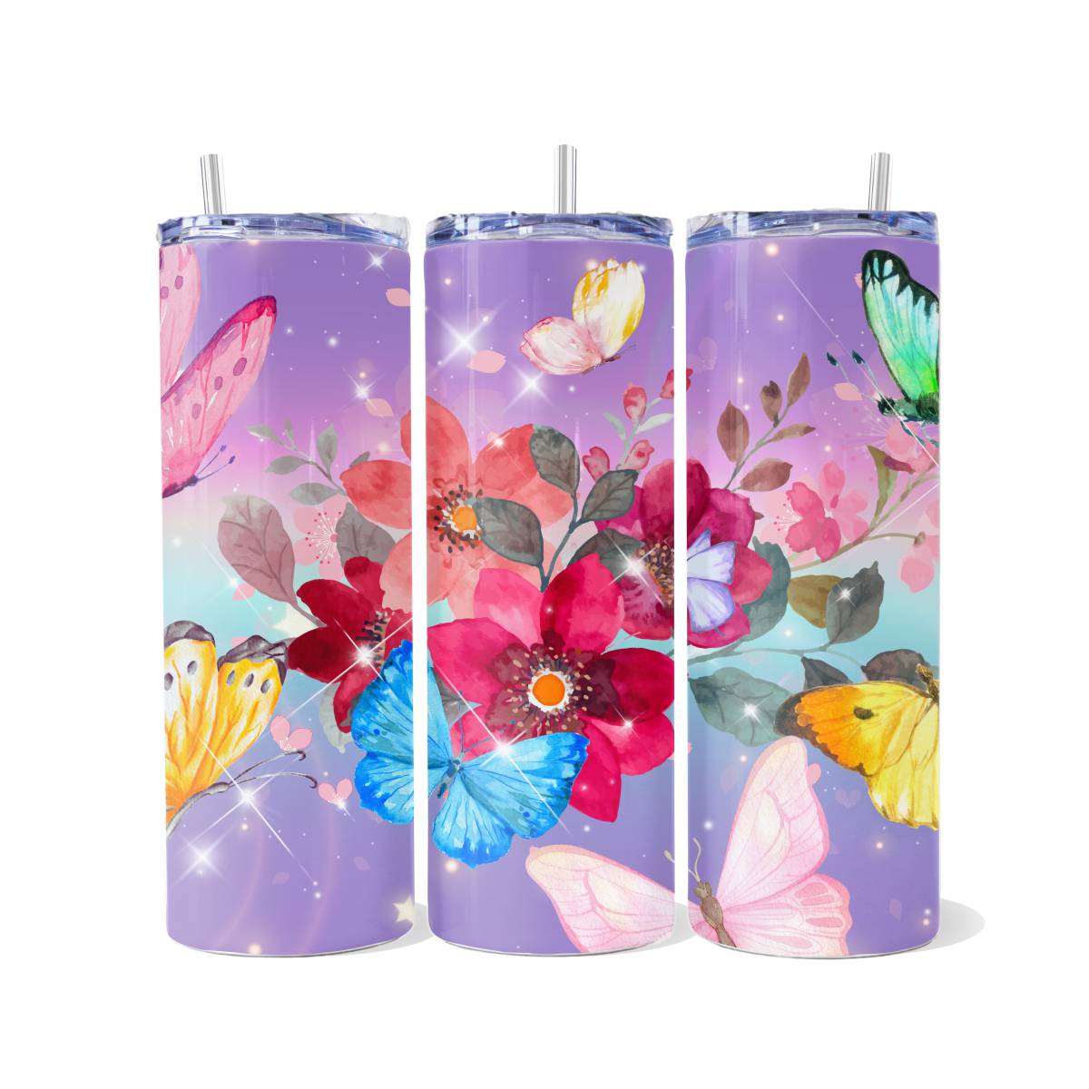 Butterflies in Watercolor with Flowers skinny tumbler