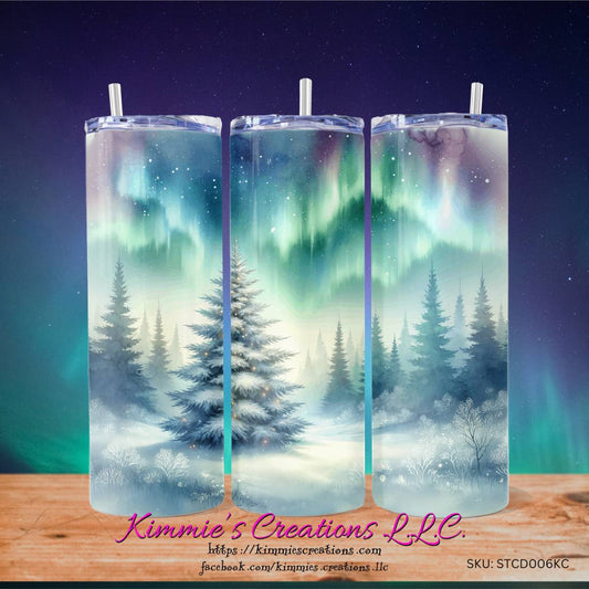 Experience the Radiant Christmas Magic: Northern Lights Glowing around a Tree - Skinny Tumbler - skinny tumbler