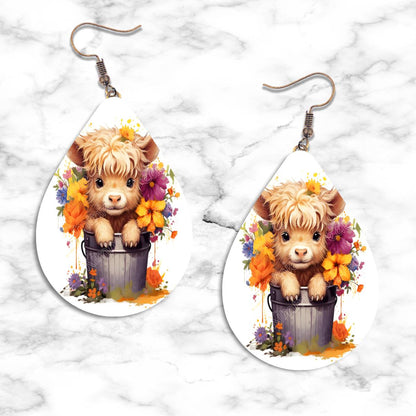 Highland Cow in a Bucket Teardrop Earring Collection - 01 / Standard - jewelry