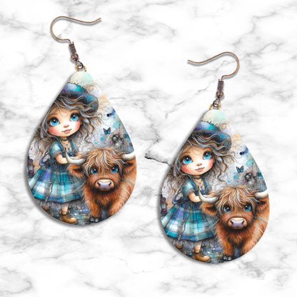 A Girl and her Baby Highland Cow Teardrop Earrings - jewelry
