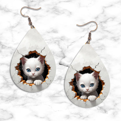 Kitten Peeking in Hole Teardrop Earring Collection - 01 - jewelry